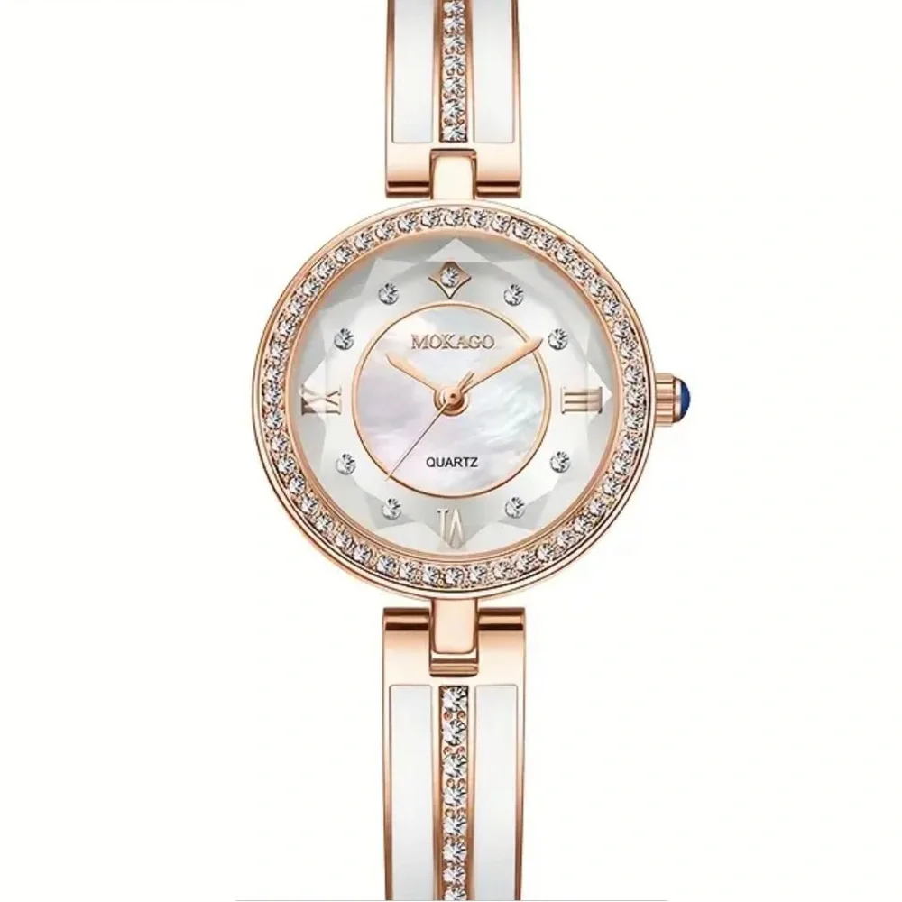 MOKAGO Rose Gold White Rhinestone Quartz Bangle Cuff Watch